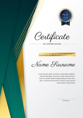 Altın rozetli ve sınırlı modern koyu yeşil ve altın sertifikalı başarı şablonu. Diploma, ödül, iş, üniversite, okul, geçmiş ve şirket için tasarlandı.