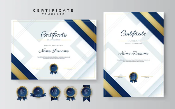 Modèle Élégant Moderne Certificat Réussite Bleu Avec Badge Bordure Conçu — Image vectorielle