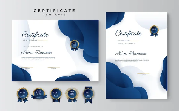 Modèle Élégant Moderne Certificat Réussite Bleu Avec Badge Bordure Conçu — Image vectorielle