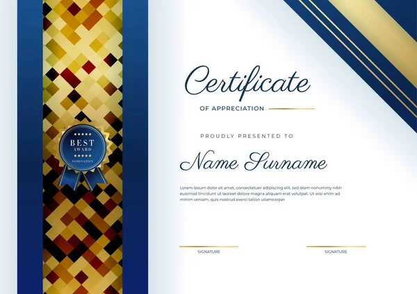 Plantilla Moderna Elegante Azul Oro Certificado Logro Con Insignia Oro — Archivo Imágenes Vectoriales