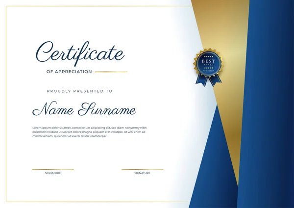 Plantilla Moderna Elegante Azul Oro Certificado Logro Con Insignia Oro — Vector de stock