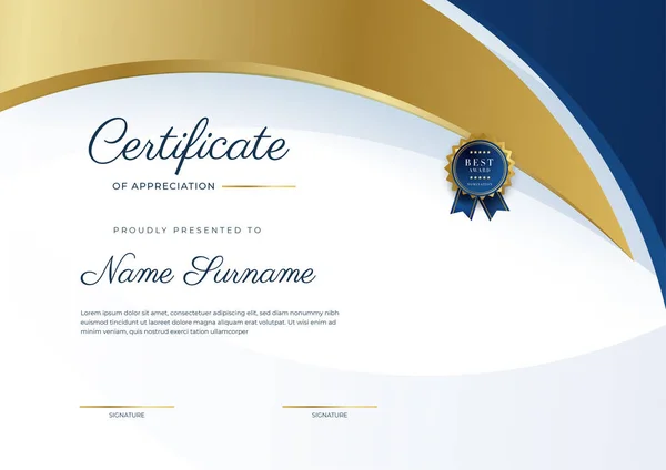 Modern Elegant Blue Gold Certificate Achievement Template Gold Badge Border — ストックベクタ