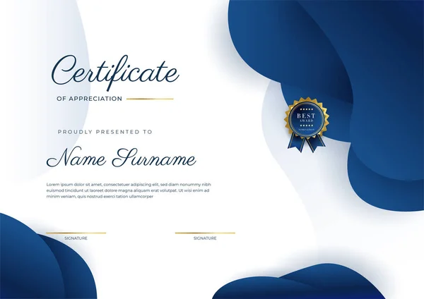 Modern Elegant Blauw Goud Certificaat Van Prestatie Sjabloon Met Gouden — Stockvector