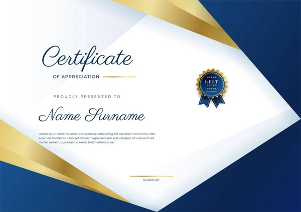 Modern Elegant Blue Gold Certificate Achievement Template Gold Badge Border — ストックベクタ