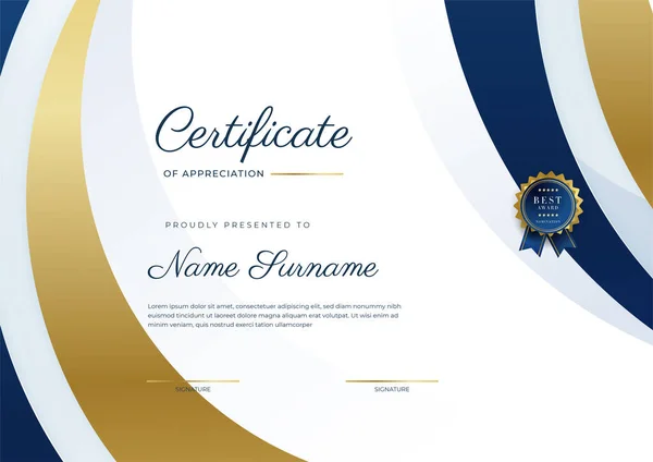 Moderno Elegante Certificado Azul Dourado Modelo Realização Com Crachá Ouro — Vetor de Stock