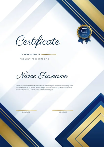 Modern Elegant Blue Gold Certificate Achievement Template Gold Badge Border — ストックベクタ