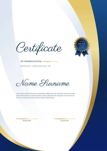 Moderno Elegante Certificado Azul Dourado Modelo Realização Com Crachá Ouro —  Vetores de Stock