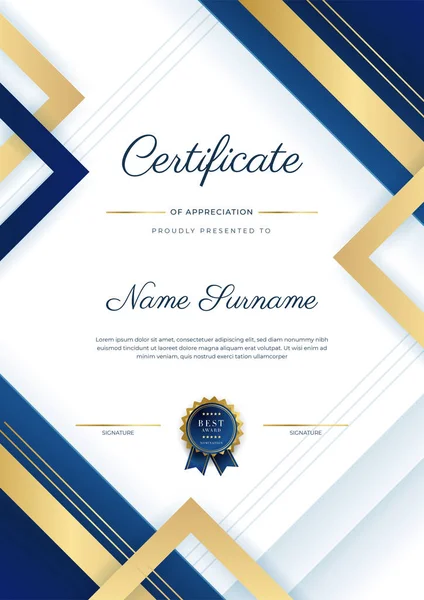 Modern Elegant Blue Gold Certificate Achievement Template Gold Badge Border — ストックベクタ