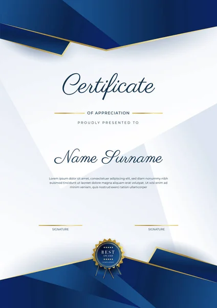 Сучасний Елегантний Синій Золотий Сертифікат Шаблону Досягнень Золотим Значком Кордоном — стоковий вектор