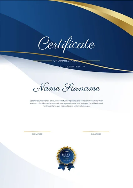 Modèle Élégant Moderne Certificat Réussite Bleu Avec Badge Bordure Conçu — Image vectorielle