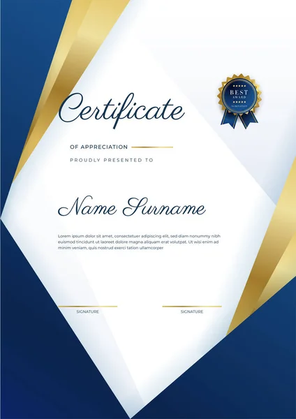 Plantilla Moderna Elegante Azul Oro Certificado Logro Con Insignia Oro — Vector de stock