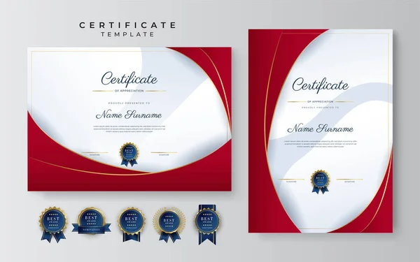 Moderno Elegante Certificado Rojo Dorado Plantilla Logro Con Insignia Oro — Vector de stock