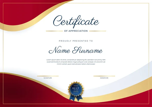 Certificado Ouro Vermelho Elegante Moderno Modelo Realização Com Crachá Ouro — Vetor de Stock