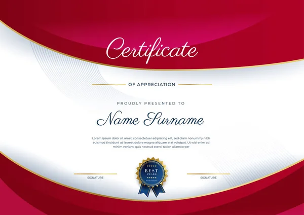 Современный Элегантный Красный Золотой Сертификат Достижения Шаблон Золотым Значком Границы — стоковый вектор