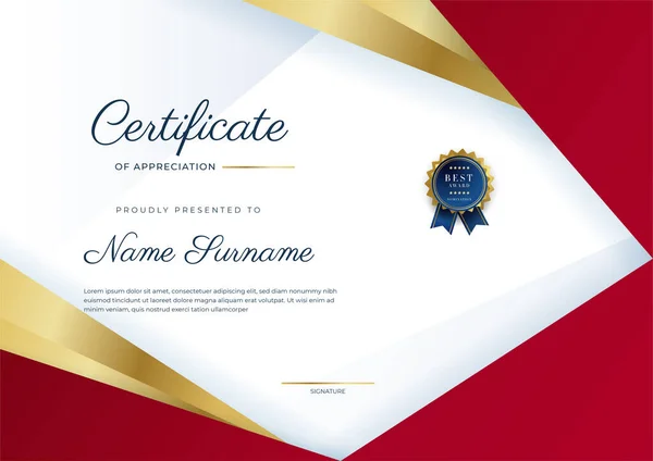 Modern Elegant Rood Goud Certificaat Van Prestatie Sjabloon Met Gouden — Stockvector