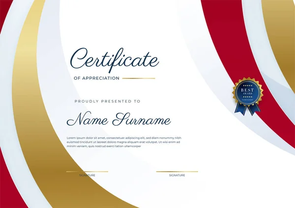 Modern Elegant Rood Goud Certificaat Van Prestatie Sjabloon Met Gouden — Stockvector