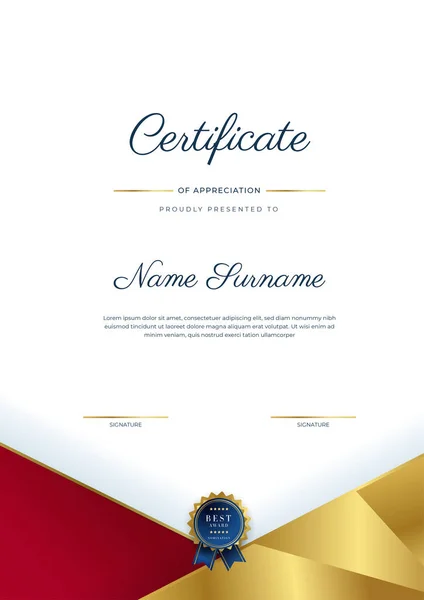 Moderno Elegante Certificado Rojo Dorado Plantilla Logro Con Insignia Oro — Vector de stock