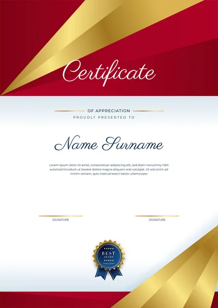 Moderno Elegante Certificado Rojo Dorado Plantilla Logro Con Insignia Oro — Vector de stock