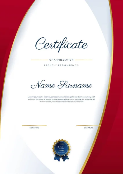 Altın Rozetli Sınırlı Modern Kırmızı Altın Sertifikalı Başarı Şablonu Diploma — Stok Vektör