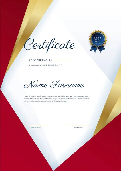 Moderno Elegante Certificado Rojo Dorado Plantilla Logro Con Insignia Oro — Vector de stock