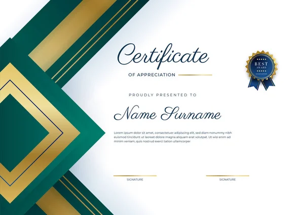 Modern Elegant Dark Green Gold Certificate Achievement Template Gold Badge — Stock Vector