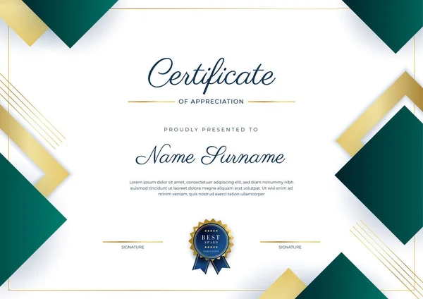 Moderno Elegante Certificado Oro Verde Oscuro Plantilla Logro Con Insignia — Vector de stock