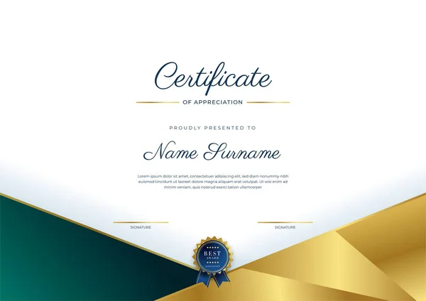 Nowoczesny Elegancki Ciemnozielony Złoty Certyfikat Szablonu Osiągnięć Złotą Odznaką Granicą — Wektor stockowy
