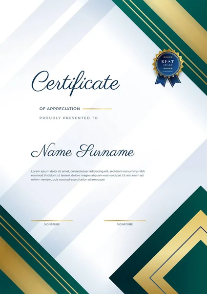 Moderno Elegante Modello Certificato Realizzazione Verde Scuro Oro Con Distintivo — Vettoriale Stock