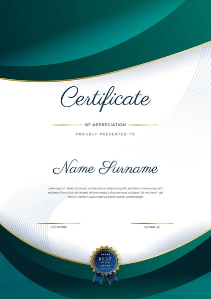 Modern Elegant Dark Green Gold Certificate Achievement Template Gold Badge — ストックベクタ