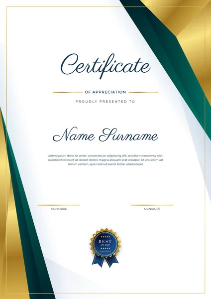 Moderno Elegante Certificado Oro Verde Oscuro Plantilla Logro Con Insignia — Vector de stock