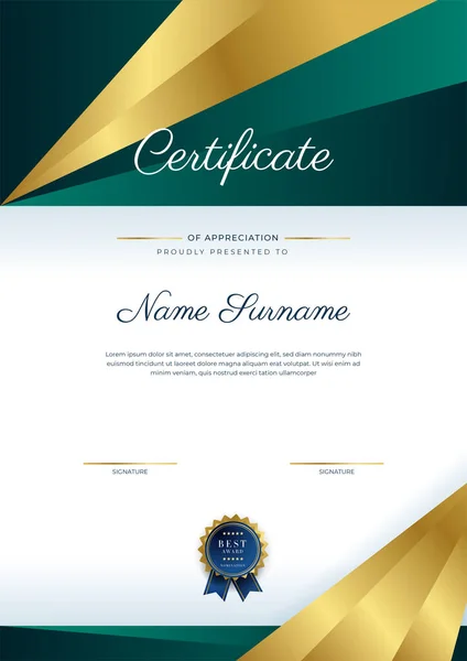 Modern Elegant Dark Green Gold Certificate Achievement Template Gold Badge — Stock Vector