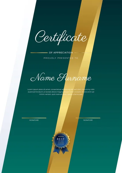 现代典雅的深绿色和金质奖章模板与金质奖章和边界 为文凭 背景和公司设计 — 图库矢量图片