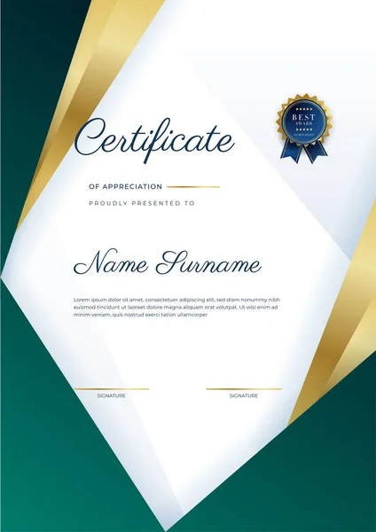 Moderno Elegante Verde Escuro Certificado Ouro Modelo Realização Com Crachá — Vetor de Stock