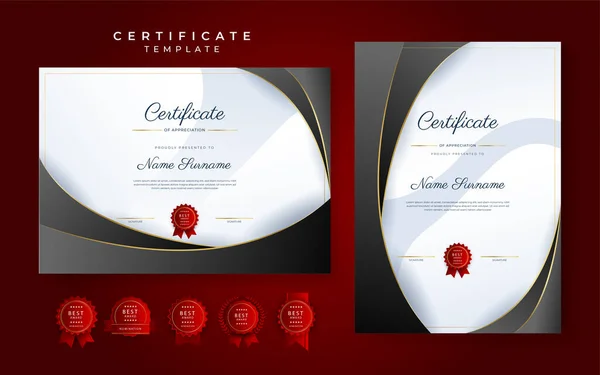 Modèle Frontière Certificat Réussite Noir Rouge Avec Badge Luxe Motif — Image vectorielle