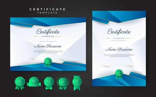 Modèle Frontière Certificat Réussite Bleu Vert Avec Badge Luxe Motif — Image vectorielle