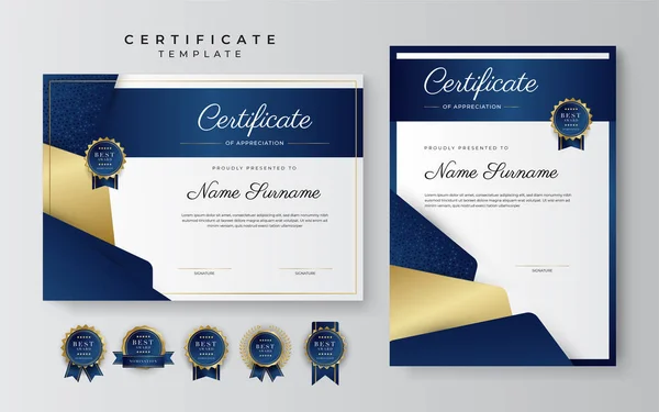 Plantilla Moderna Elegante Azul Oro Certificado Logro Con Insignia Oro — Vector de stock