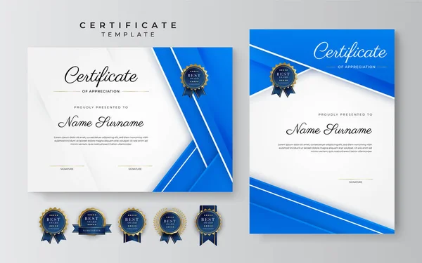 Moderno Elegante Certificado Azul Dourado Modelo Realização Com Crachá Ouro —  Vetores de Stock