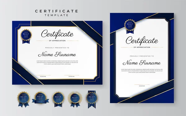 Moderní Elegantní Modrý Zlatý Certifikát Úspěchu Šablony Zlatým Odznakem Okrajem — Stockový vektor