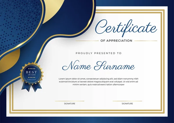 Modern Elegant Blauw Goud Certificaat Van Prestatie Sjabloon Met Gouden — Stockvector