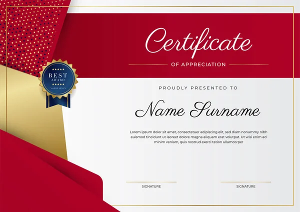 Modern Elegant Red Gold Certificate Achievement Template Gold Badge Border — ストックベクタ