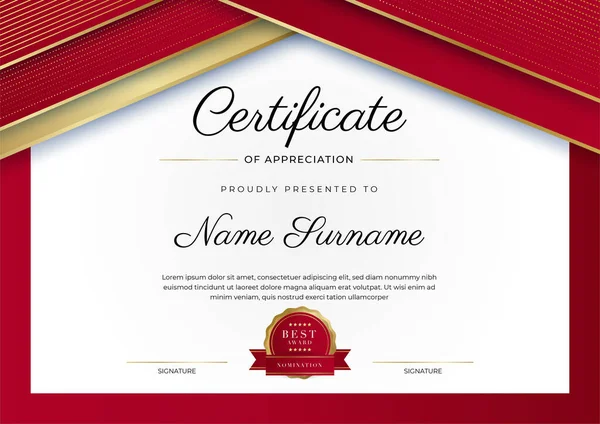 Modern Elegant Red Gold Certificate Achievement Template Gold Badge Border — Stock Vector