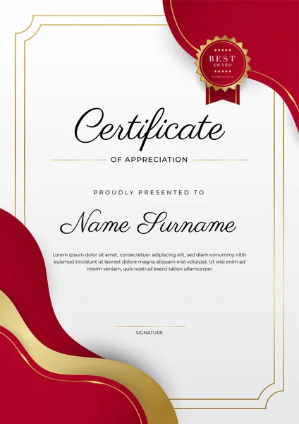 Moderno Elegante Certificado Rojo Dorado Plantilla Logro Con Insignia Oro — Vector de stock