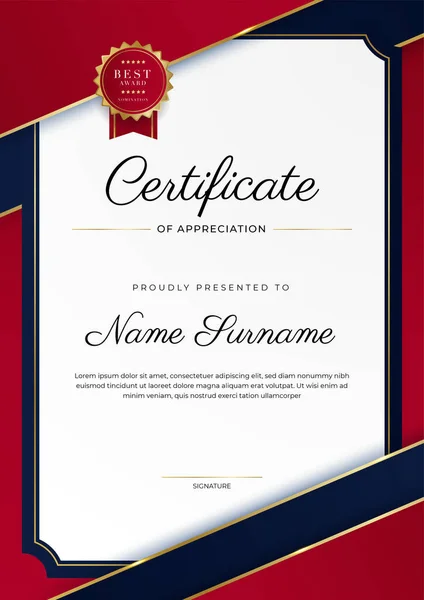 Moderno Elegante Certificado Rojo Dorado Plantilla Logro Con Insignia Oro — Vector de stock