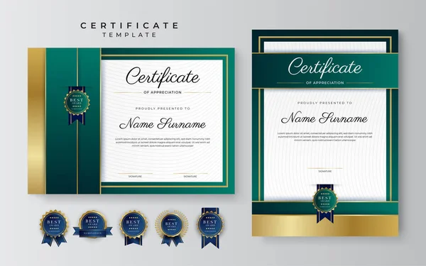 Moderno Elegante Certificado Oro Verde Oscuro Plantilla Logro Con Insignia — Archivo Imágenes Vectoriales