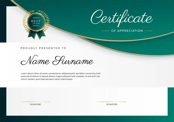 Modern Elegant Dark Green Gold Certificate Achievement Template Gold Badge — Stock Vector