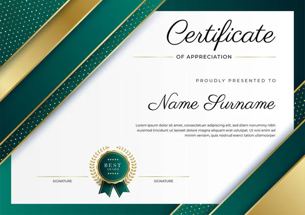 Moderno Elegante Certificado Oro Verde Oscuro Plantilla Logro Con Insignia — Vector de stock