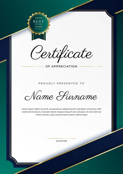 Moderno Elegante Certificado Oro Verde Oscuro Plantilla Logro Con Insignia — Vector de stock