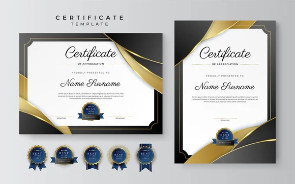 Чорний Золотий Сертифікат Досягнень Шаблон Кордону Розкішним Значком Сучасним Лінійним — стоковий вектор
