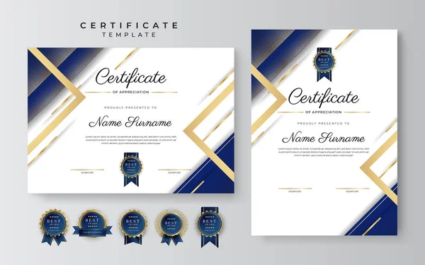 Plantilla Moderna Elegante Azul Oro Certificado Logro Con Insignia Oro — Archivo Imágenes Vectoriales