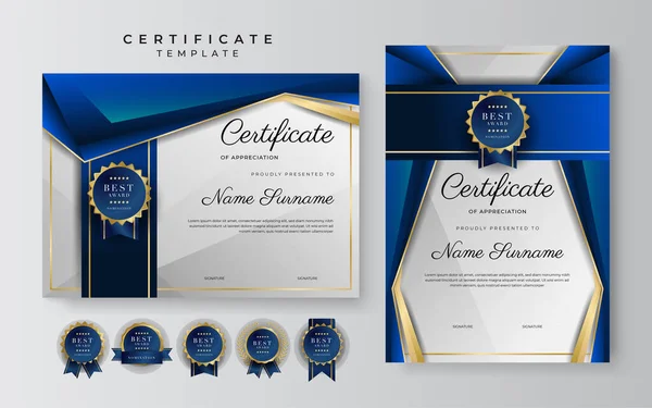 Moderno Elegante Certificado Azul Dourado Modelo Realização Com Crachá Ouro — Vetor de Stock